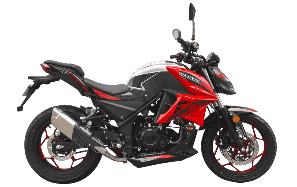 Moto Wanxin Pawllu 250 color negro rojo vista lateral
