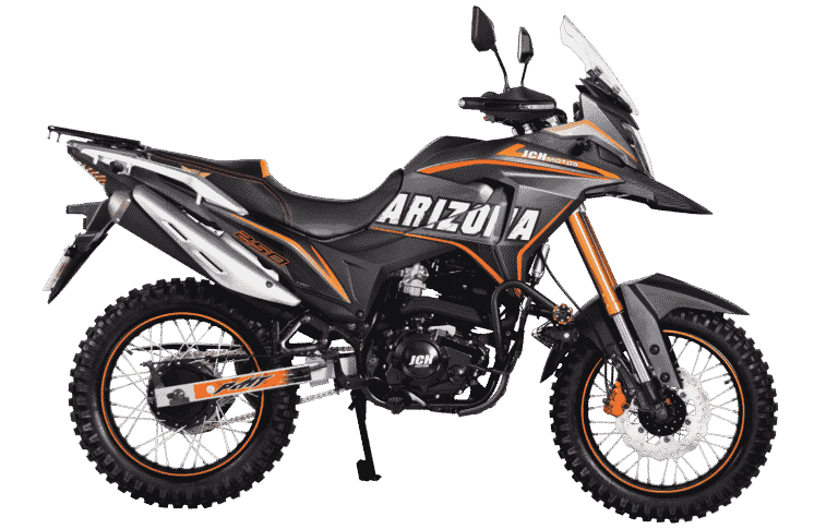 Moto JCH Arizona 250 color negro y rojo, 222 cc, suspensión invertida y monoshock.