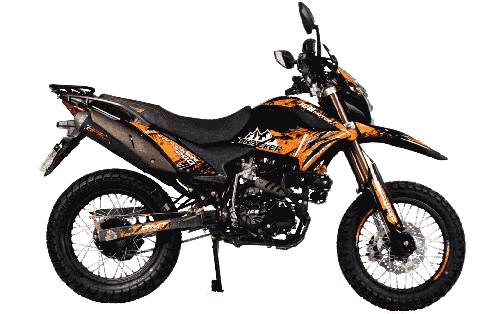 Moto JCH Tracker 200 color naranja con diseño urbano