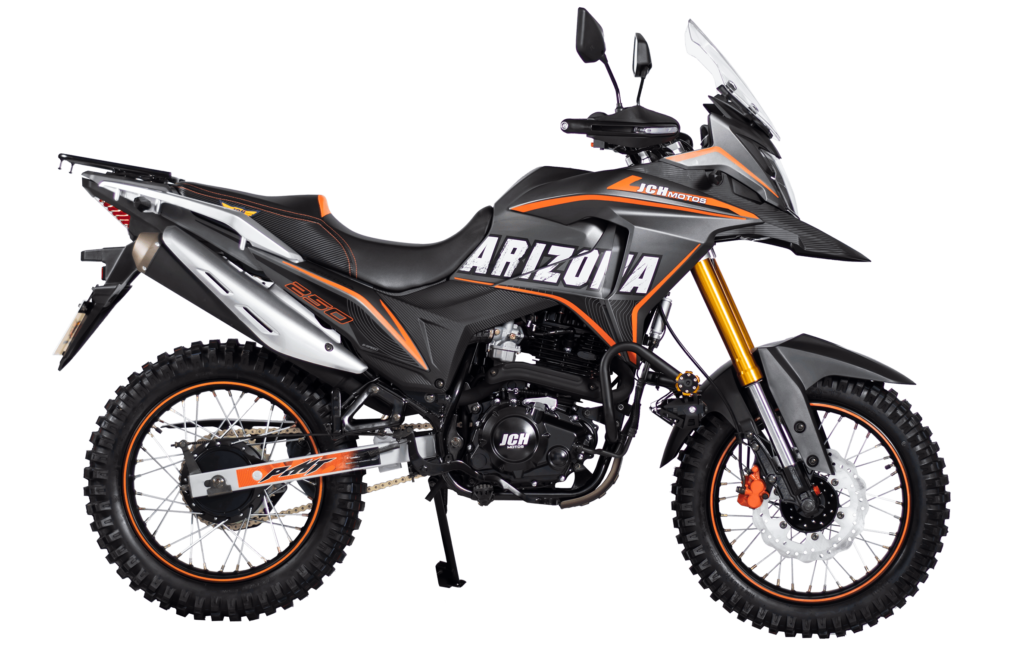 Moto JCH Arizona 250 color negro y naranja, 222 cc, suspensión invertida y monoshock.