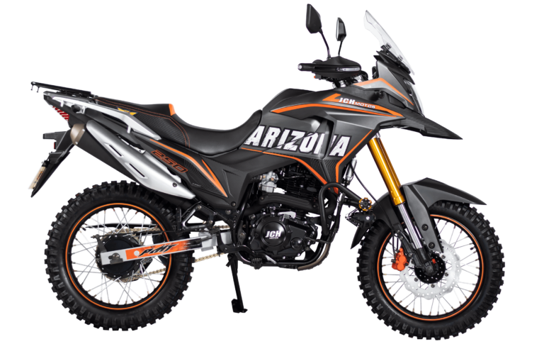 Moto JCH Arizona 250 color negro y naranja, 222 cc, suspensión invertida y monoshock.